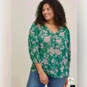 Torrid Chiffon Lurex Button-Up Blouse Size 3X Green Floral Sheer Oversized Flowy